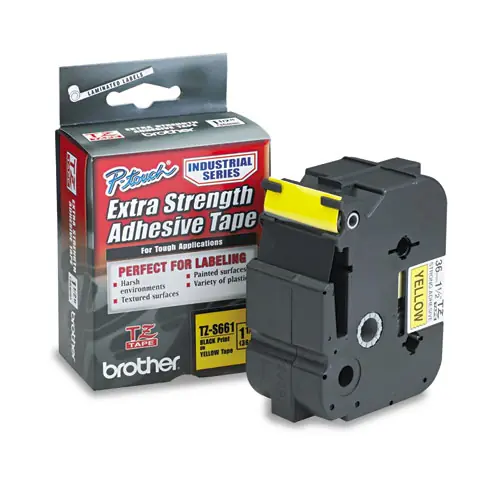 Brother P-Touch® TZ Extra-Strength Adhesive Laminated Labeling Tape, Black on Yellow, 1.4" x 26.2 ft