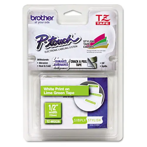 Brother P-Touch® TZ Standard Adhesive Laminated Labeling Tape, 0.47" x 16.4 ft, White/Lime Green