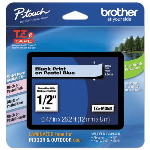 Brother P-Touch® TZ Standard Adhesive Laminated Labeling Tape, Pastel Blue, 0.47" x 26.2 ft