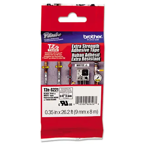 Brother P-Touch® TZe Extra-Strength Adhesive Laminated Labeling Tape, 0.35" x 26.2 ft, Black on White