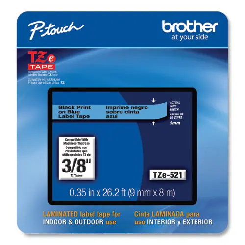 Brother P-Touch® TZe Laminated Removable Label Tapes, 0.35" x 26.2 ft, Black on Blue