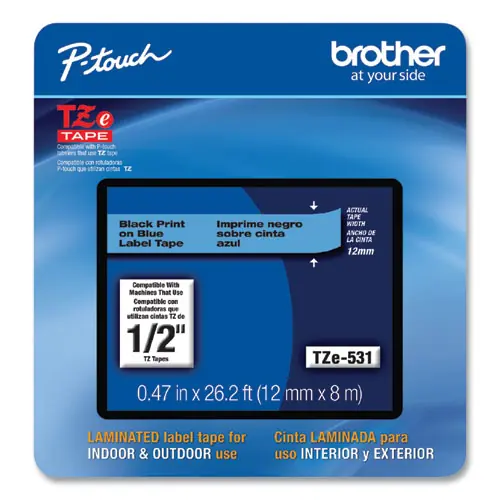 Brother P-Touch® TZe Laminated Removable Label Tape, Black Print on Blue, 0.47" x 26.2 ft