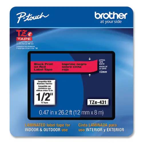 Brother P-Touch® TZe Laminated Removable Label Tapes, 0.47" x 26.2 ft, Black on Red