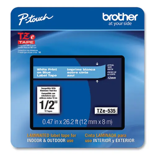Brother P-Touch® TZe Laminated Removable Label Tapes, White on Blue, 0.47" x 26.2 ft