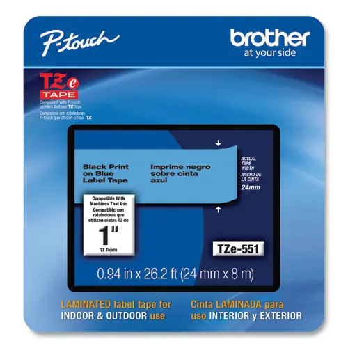 Brother P-Touch® TZe Laminated Removable Label Tapes, 0.94" x 26.2 ft, Black on Blue