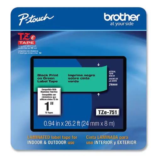 Brother P-Touch® TZe Laminated Removable Label Tapes, 0.94" x 26.2 ft, Black on Green