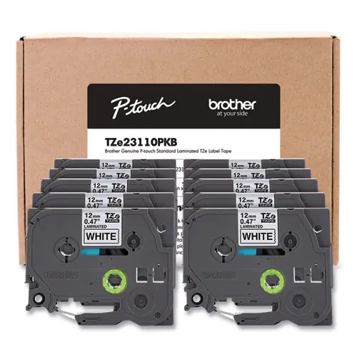 Brother P-Touch® TZe Series Standard Adhesive Laminated Labeling Tape, 0.5", Black on White, 10/Pack
