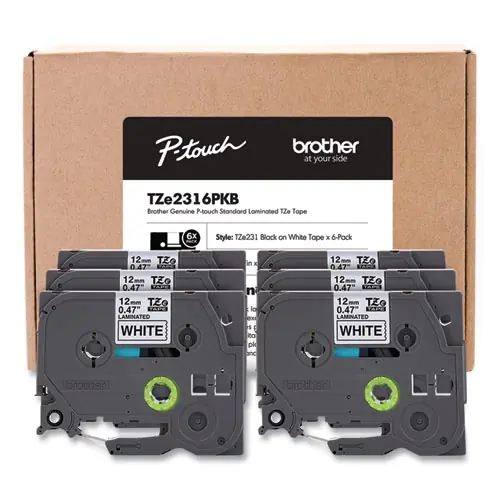 Brother P-Touch® TZe Series Standard Adhesive Laminated Labeling Tape, 0.5", Black on White, 6/Pack
