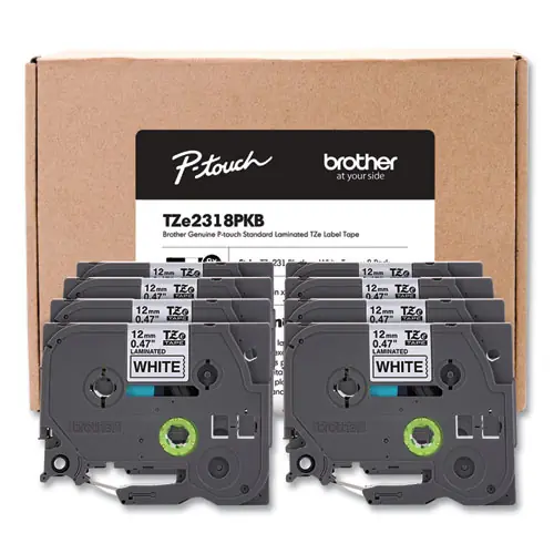 Brother P-Touch® TZe Series Standard Adhesive Laminated Labeling Tape, 0.5", Black on White, 8/Pack