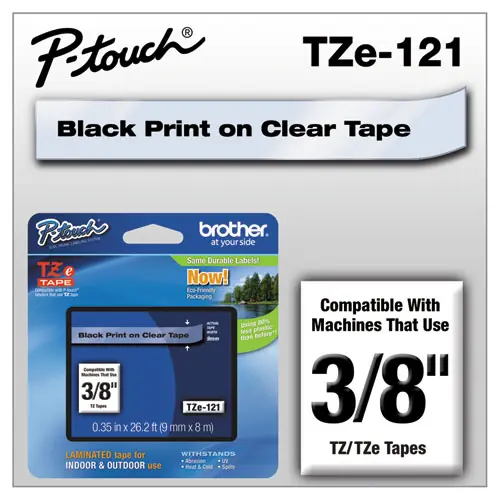 Brother P-Touch® TZe Standard Adhesive Laminated Labeling Tape, 0.35" x 26.2 ft, Black on Clear