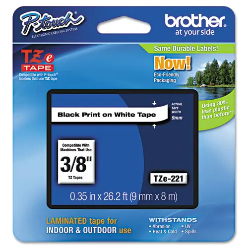 Brother P-Touch® TZe Standard Adhesive Laminated Labeling Tape, 0.35" x 26.2 ft, Black on White