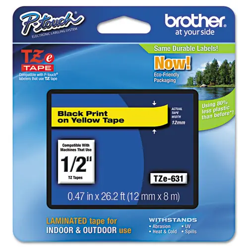 Brother P-Touch® TZe Standard Adhesive Laminated Labeling Tape, 0.47" x 26.2 ft, Black on Yellow