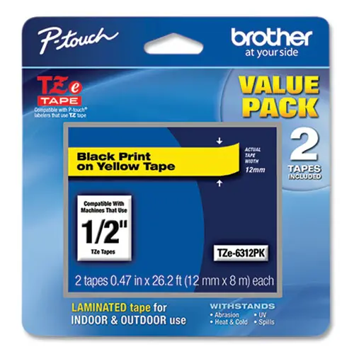 Brother P-Touch® TZe Standard Adhesive Laminated Labeling Tape, 0.47" x 26.2 ft, Black on Yellow, 2/Pack