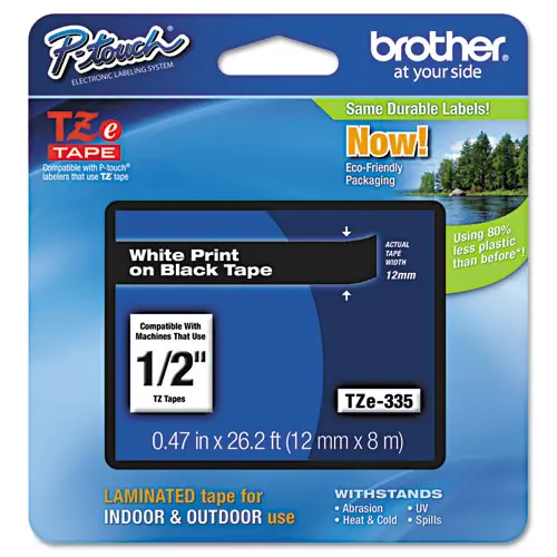 Brother P-Touch® TZe Standard Adhesive Laminated Labeling Tape, 0.47" x 26.2 ft, White on Black