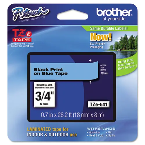 Brother P-Touch® TZe Standard Adhesive Laminated Labeling Tape, 0.7" x 26.2 ft, Black on Blue