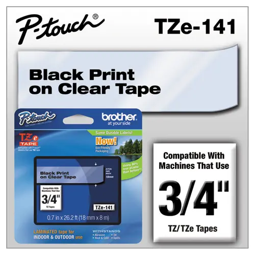 Brother P-Touch® TZe Standard Adhesive Laminated Labeling Tape, 0.7" x 26.2 ft, Black on Clear