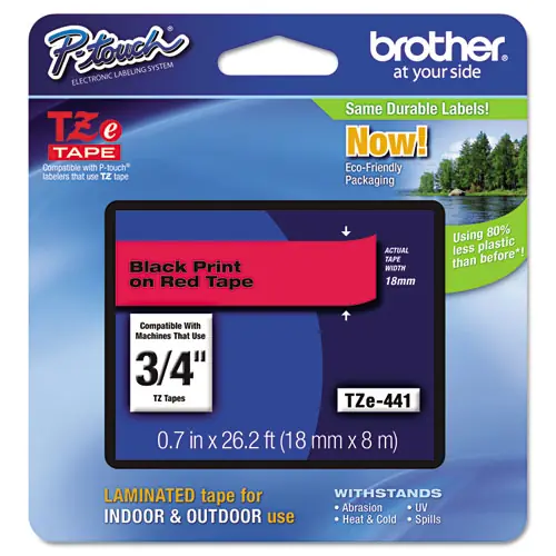 Brother P-Touch® TZe Standard Adhesive Laminated Labeling Tape, 0.7" x 26.2 ft, Black on Red