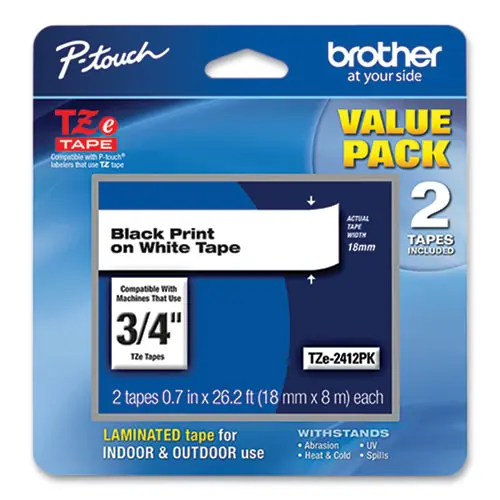 Brother P-Touch® TZe Standard Adhesive Laminated Labeling Tape, 0.7" x 26.2 ft, Black on White, 2/Pack