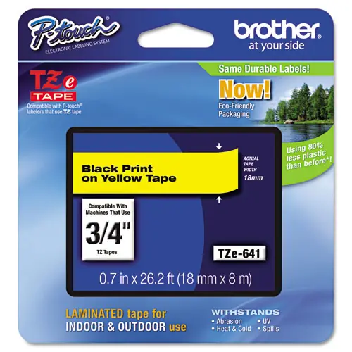 Brother P-Touch® TZe Standard Adhesive Laminated Labeling Tape, 0.7" x 26.2 ft, Black on Yellow