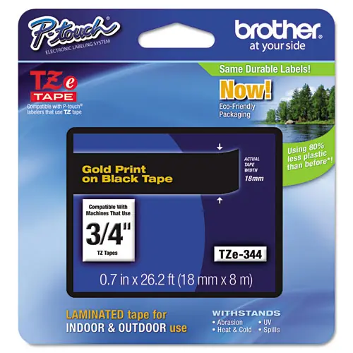 Brother P-Touch® TZe Standard Adhesive Laminated Labeling Tape, 0.7" x 26.2 ft, Gold on Black