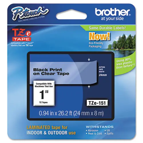 Brother P-Touch® TZe Standard Adhesive Laminated Labeling Tape, 0.94" x 26.2 ft, Black on Clear