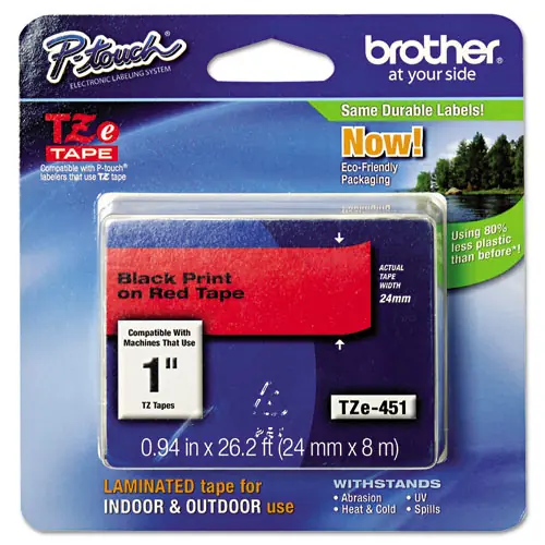 Brother P-Touch® TZe Standard Adhesive Laminated Labeling Tape, 0.94" x 26.2 ft, Black on Red