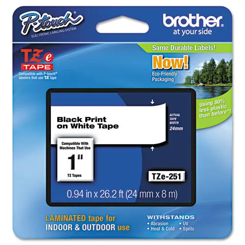 Brother P-Touch® TZe Standard Adhesive Laminated Labeling Tape, 0.94" x 26.2 ft, Black on White