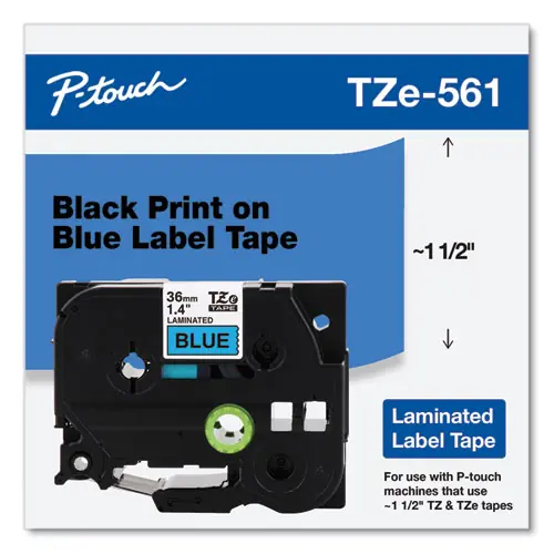 Brother P-Touch® TZe Standard Adhesive Laminated Labeling Tape, 1.4" x 26.2 ft, Black on Blue
