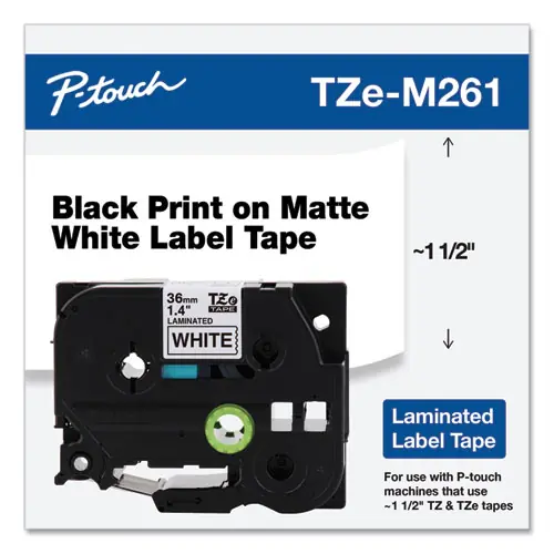 Brother P-Touch® TZe Standard Adhesive Laminated Labeling Tape, 1.4" x 26.2 ft, Black on Matte White