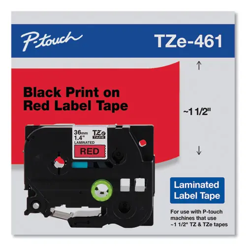 Brother P-Touch® TZe Standard Adhesive Laminated Labeling Tape, 1.4" x 26.2 ft, Black on Red