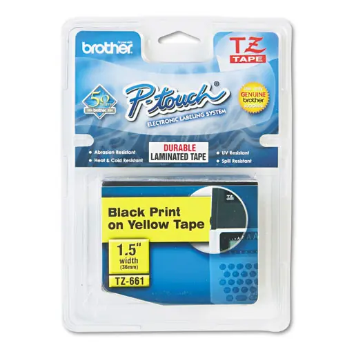 Brother P-Touch® TZe Standard Adhesive Laminated Labeling Tape, 1.4" x 26.2 ft, Black on Yellow