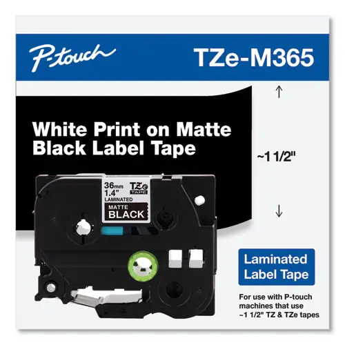 Brother P-Touch® TZe Standard Adhesive Laminated Labeling Tape, 1.4" x 26.2 ft, White on Matte Black