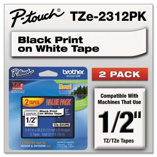 Brother P-Touch® TZe Standard Adhesive Laminated Labeling Tapes, Black on White, 2/Pack