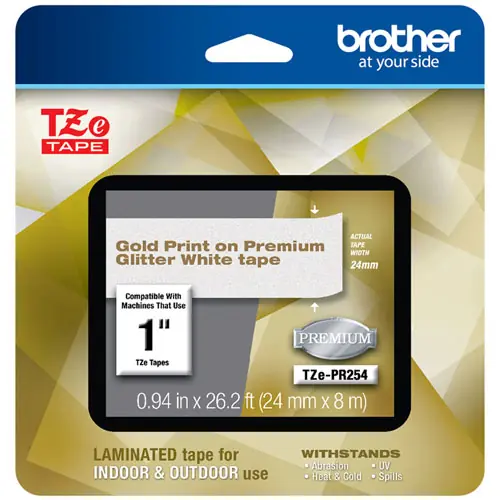 Brother TZe Premium Laminated Tape, 0.94" x 26.2 ft, Gold on White
