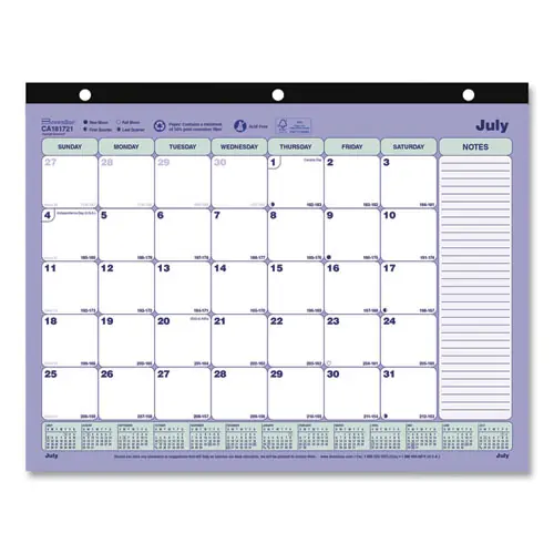 Brownline® Academic 13-Month Binder-Insertable Desk Pad Calendar, 11 x 8.5, White/Blue/Green Sheets, 2024-2025 (July to July)