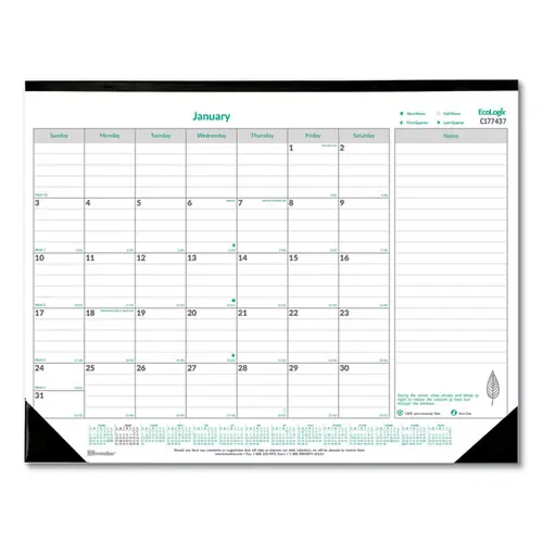 Brownline® EcoLogix Monthly Desk Pad Calendar, 22 x 17, White/Green Sheets, Black Binding/Corners, 12-Month (Jan to Dec): 2025