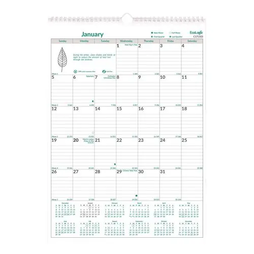 Brownline® EcoLogix Monthly Wall Calendar, 12 x 17, White/Green, 12-Month, 2025