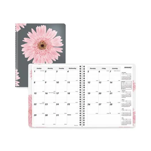 Brownline® Essential Collection Ruled Monthly Planner, Daisy Artwork, Black/Pink Cover, 14-Month (Dec 2024 - Jan 2026)