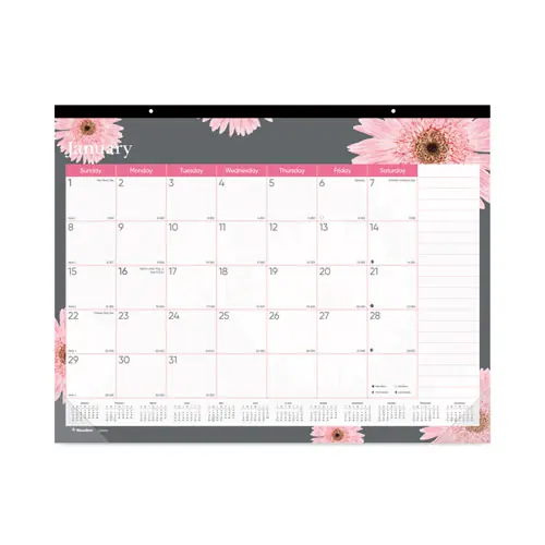 Brownline® Monthly Desk Pad Calendar, Pink Daisy Artwork, 22 x 17, Pink/White Sheets, Black Binding, 12-Month (Jan to Dec): 2025