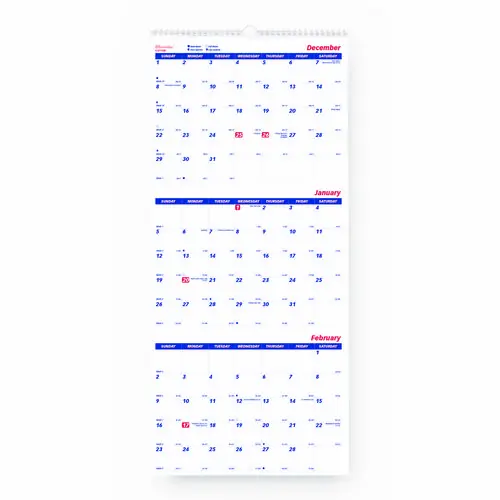 Brownline® Three-Month Wall Calendar, 14-Months, Dec 2024 to Jan 2026, White/Blue Sheets