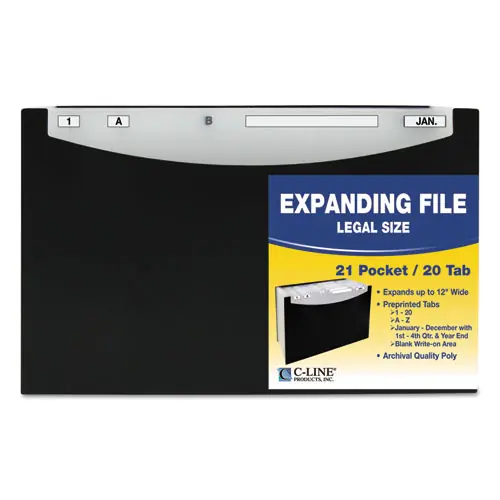 C-Line® 21-Pocket Stand-Up Design Expanding File, Legal Size, Black, 12" Expansion, 21 Sections, 1/5-Cut Tabs