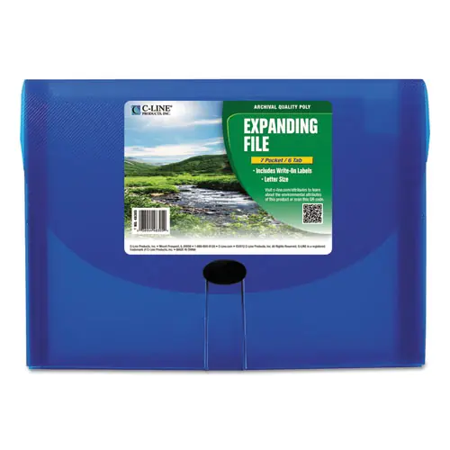 C-Line® Expanding Files, 7 Sections, 1.63" Expansion, Cord & Hook Closure, 1/6-Cut Tabs, Letter Size, Blue