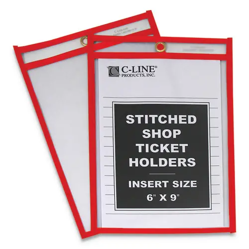 C-Line® Stitched Shop Ticket Holders, Top Load, Super Heavyweight, Clear Vinyl, 6" x 9" Inserts, 25/Box