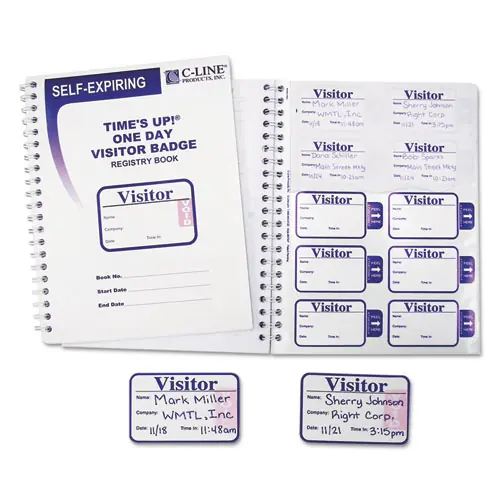 C-Line® Time's Up Self-Expiring Visitor Badges with Registry Log, White, 150 Badges/Box