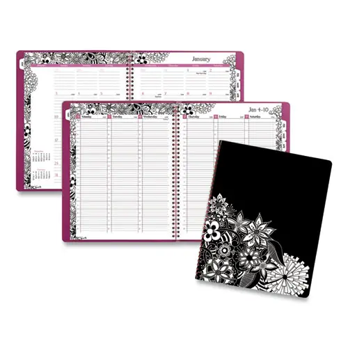 Cambridge® Floradoodle Weekly/Monthly Professional Planner, Floral Artwork, 11 x 8.5, Black/White Cover, 12-Month (Jan-Dec): 2025