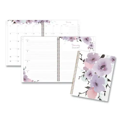 Cambridge® Mina Weekly/Monthly Planner, Floral Artwork, 11 x 8.5, White/Violet/Peach Cover, 12-Month (Jan to Dec): 2025