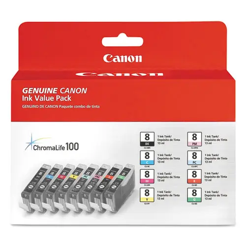 Canon® 0620B015 (CLI-8) ChromaLife100+ Ink Cartridge Pack, 8 Colors
