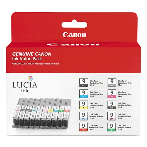 Canon® 1033B005 (PGI-9) Lucia Ink Cartridges, Cyan, Gray, Green, Magenta, Matte Black, Photo Black, Photo Cyan, Photo Magenta, Red, Yellow, 10/Pack