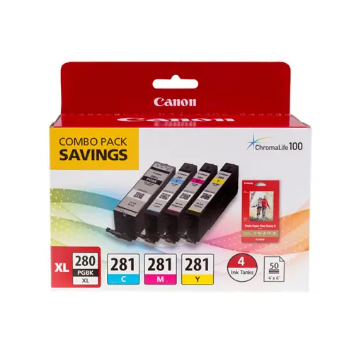 Canon® 2021C006 (CLI-281/PGI-280XL) Ink/Paper Combo, Black/Cyan/Magenta/Yellow