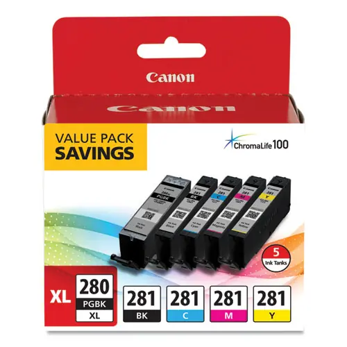 Canon® 2021C007 (CLI-281; PGI-280 XL) ChromaLife100+ Ink, Black XL/Black/Cyan/Magenta/Yellow, 5/Pack